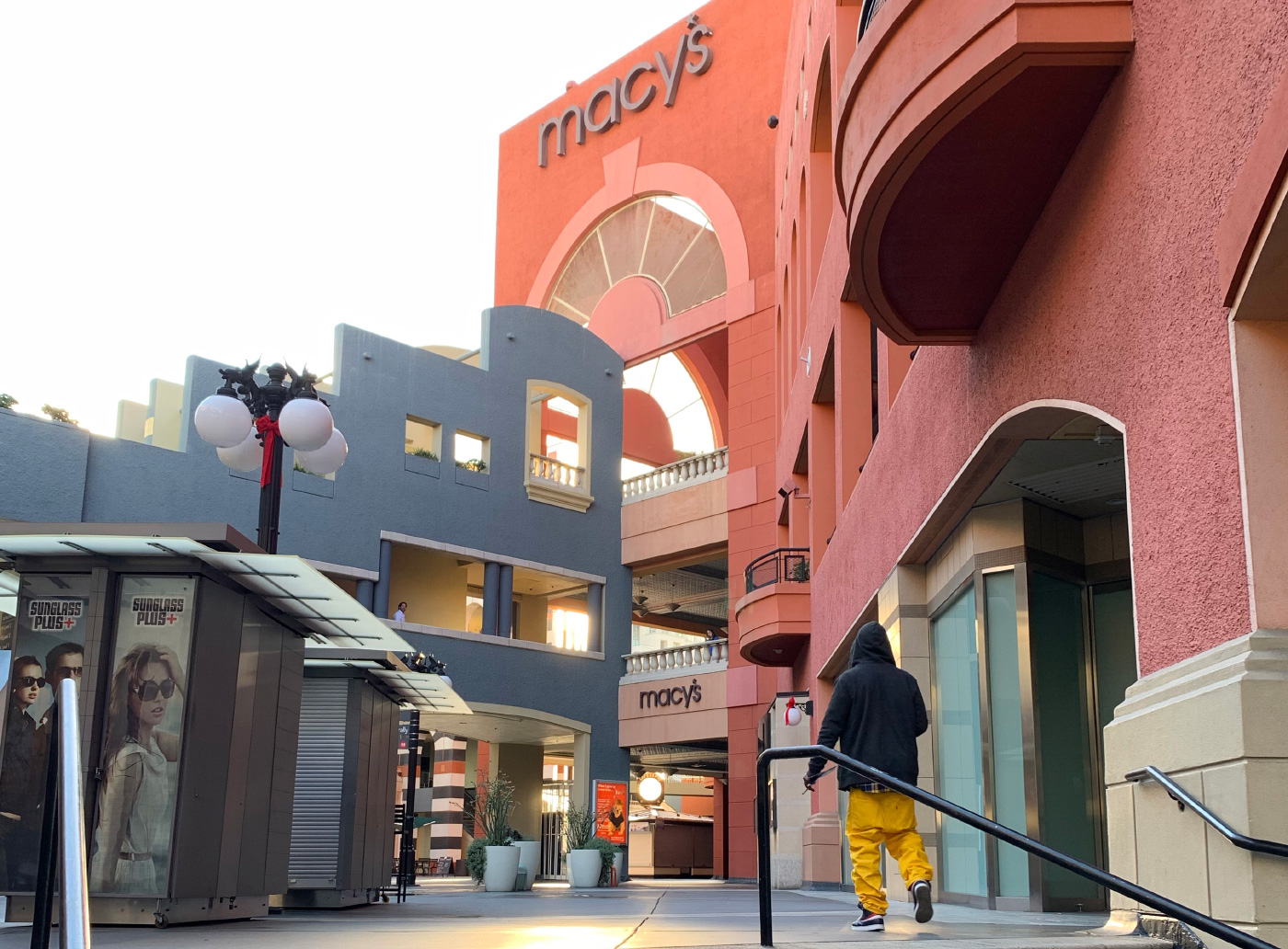 Ground-level view of a postmodern mall complex at horton plaza