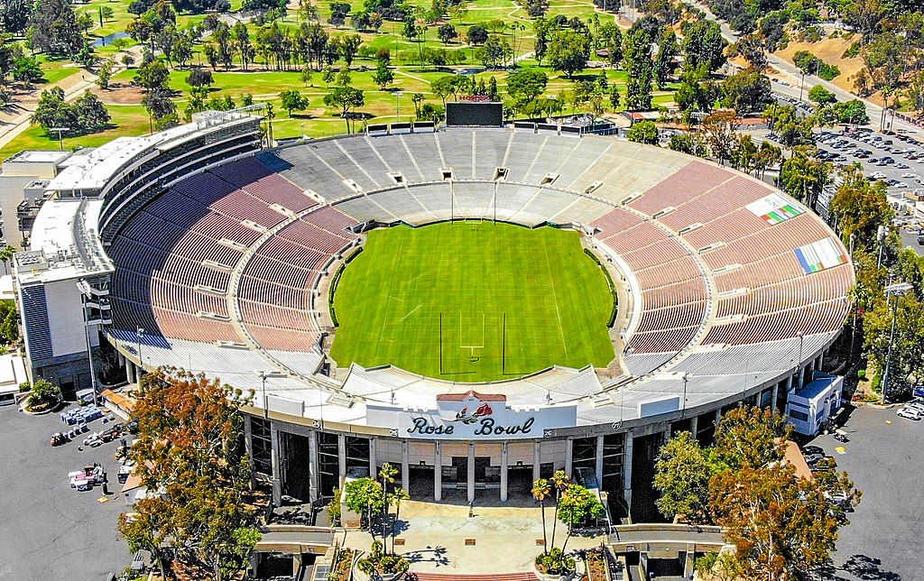 Aerial image of grass-field outdoor stadium in a park; Rose Bowl Stadium