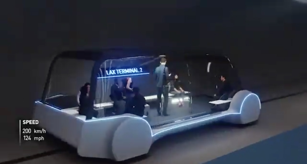 马斯克的视频剧照，展示了改进后的超级高铁巴士吊舱。(Elon Musk)