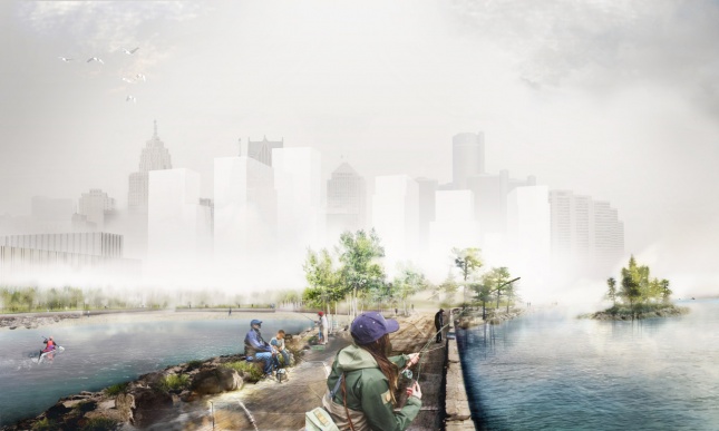 底特律西河滨公园的钓鱼码头效果图(由MVVA和底特律河滨保护协会提供)