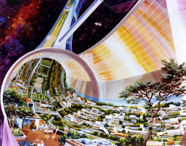 里克·圭多斯，斯坦福环面剖面图，1975年。NASA艾姆斯研究中心。从2018年格雷厄姆基金会个人赠款到弗雷德·沙尔曼的太空定居点。(由格雷厄姆基金会提供)
