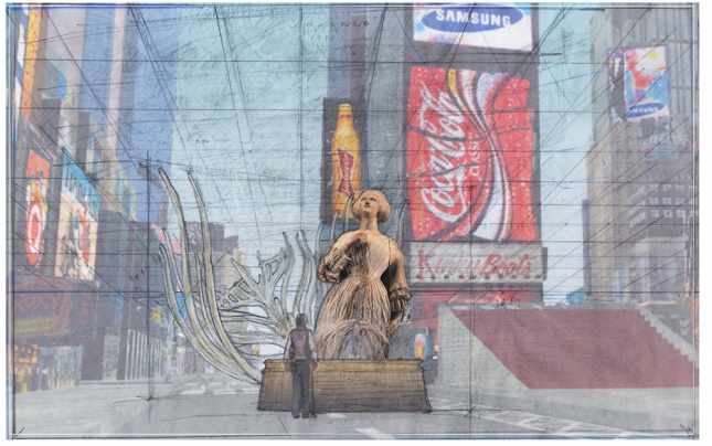 梅尔·秦将虚拟现实带到时代广场。图为:Wake, Study, 2017。石墨，数字渲染。(Mel下巴)