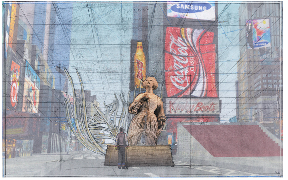 Mel Chin将虚拟现实带到了时代广场。图为:2017年的《觉醒，学习》。石墨，数字渲染。(Mel下巴)