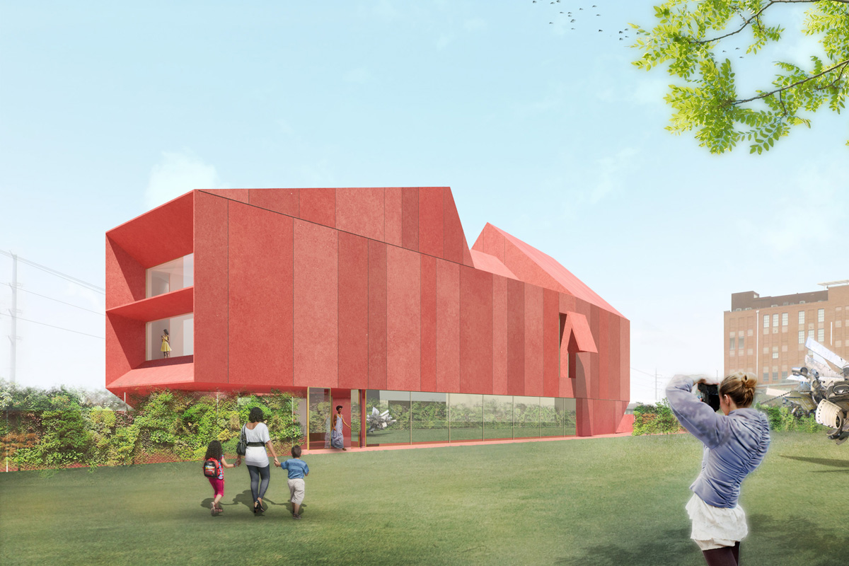Rendering of red colored museum in park