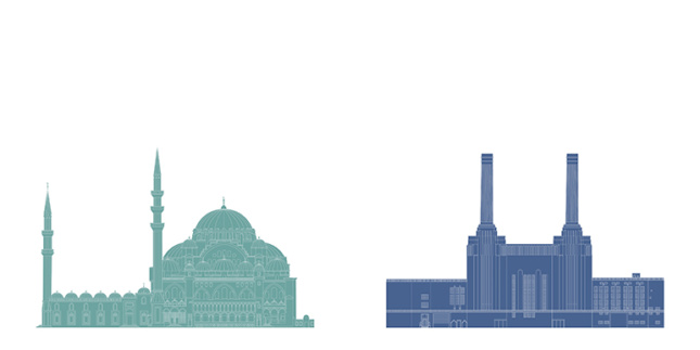 海拔Suleymaniye清真寺和Battersea Power Station