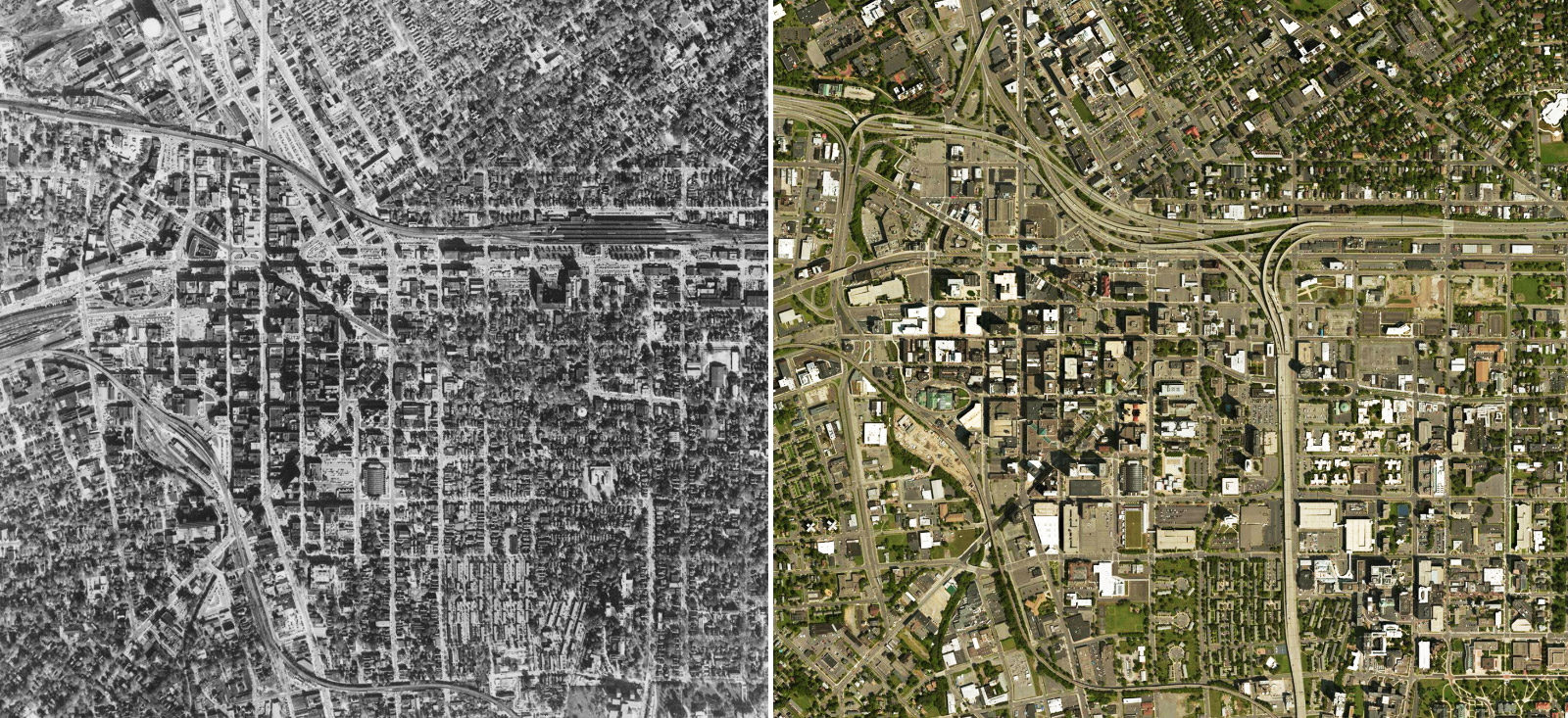 The I-81 viaduct cuts through Syracuse’s urban core. Left: The city's density in 1955 before the highway's construction. Right: The city's density today.