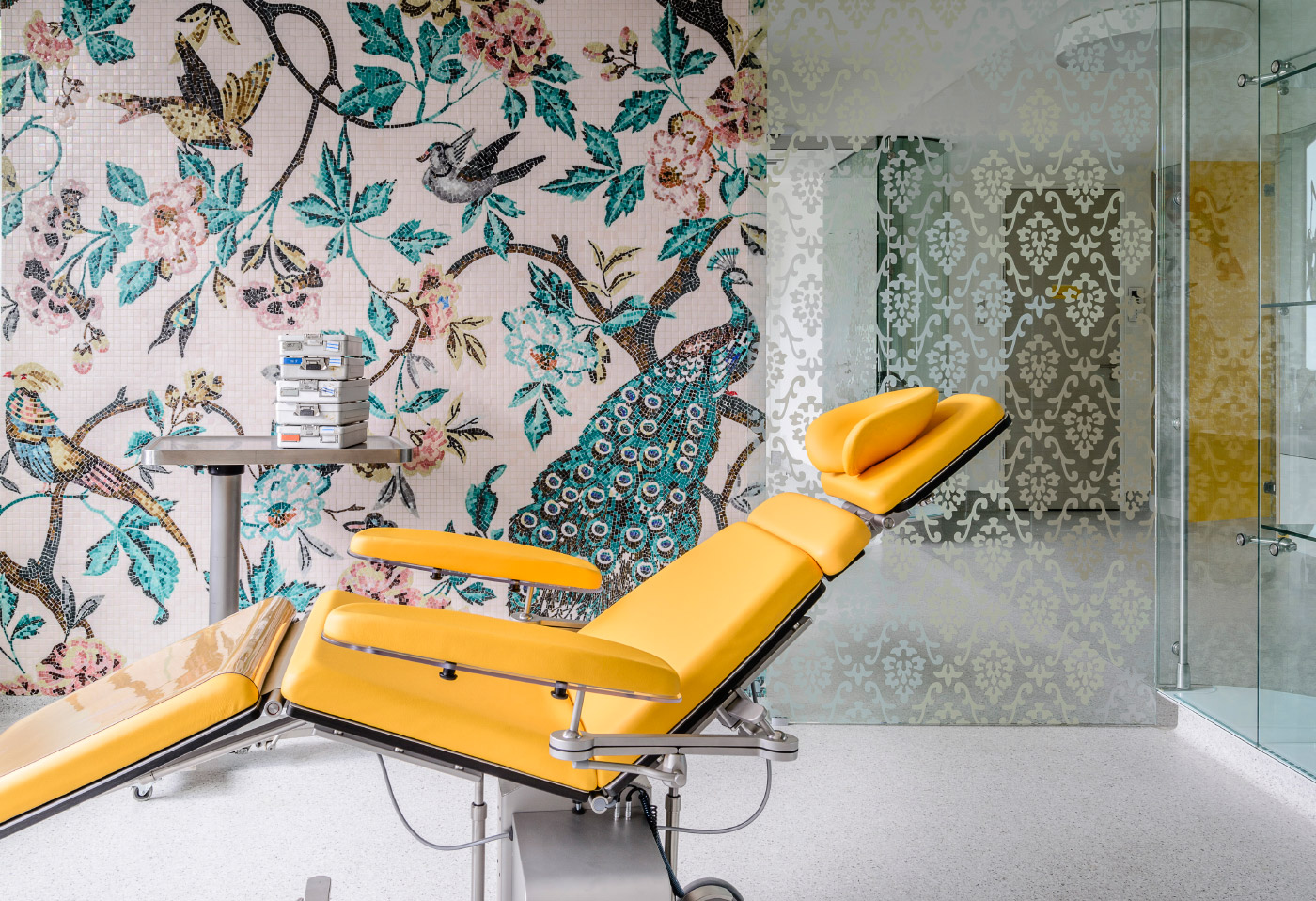 Karhard Architektur + design在柏林设计了一间宽敞的牙医办公室，设计灵感来自当地物种，设计了一系列大胆的花卉墙纸印花，填充了各种牙科手术和康复室。