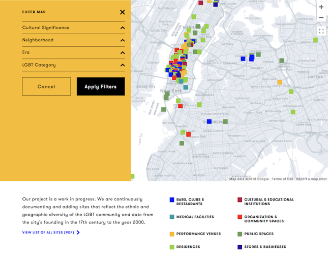 纽约市LGBT历史遗址项目互动地图的截图