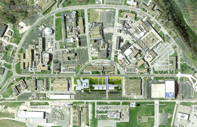 整个约翰·h·格伦研究中心的空中效果图，包括新建筑和赖特公地。