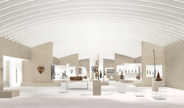 天花板上的白色“肋骨”将有助于抑制声音，并引导每个画廊的“流动”。