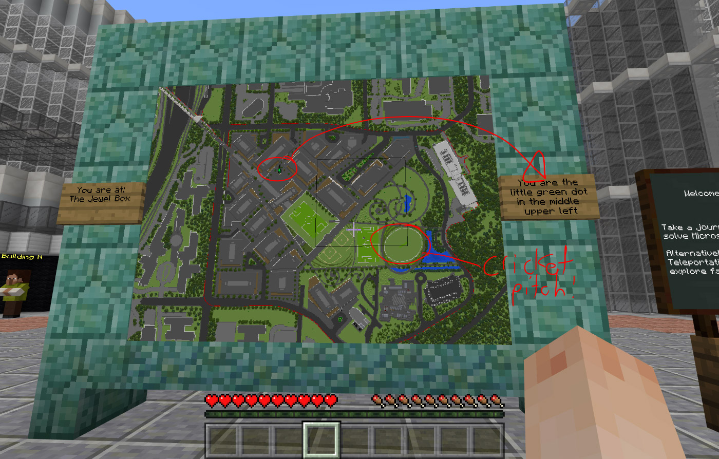 一个玩家在微软雷德蒙德校区的Minecraft模型中导航的截图