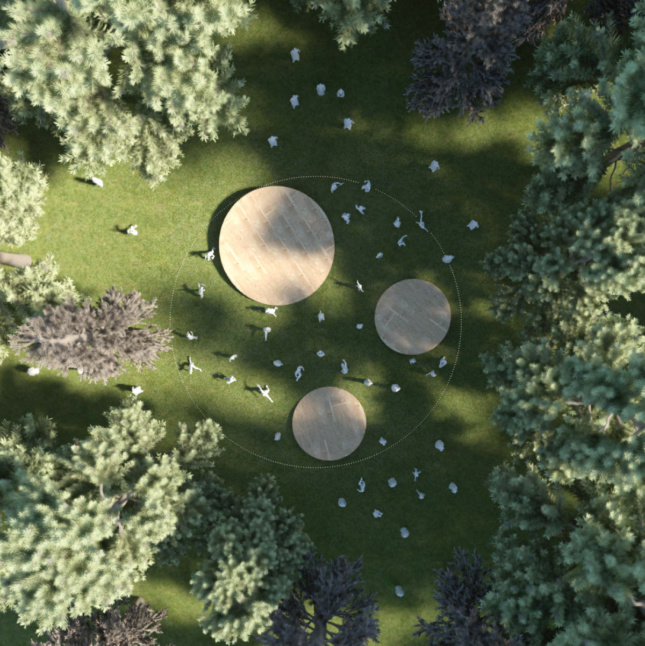 公共绿地的空中效果图，有三个木制圆盘