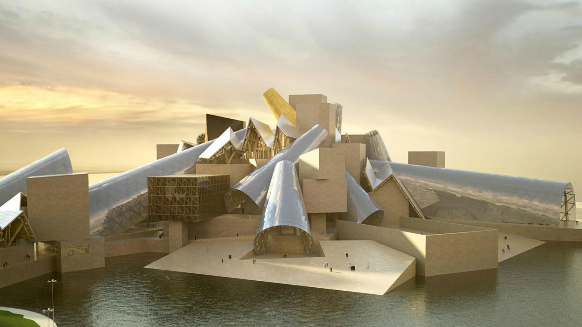古根海姆·阿布扎比（Guggenheim Abu Dhabi）与钢管相交的块状博物馆的渲染