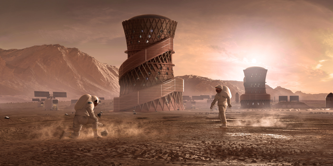 火星上的双曲面塔渲染图，外面有宇航员