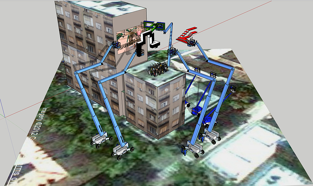 蓝色起重机在屋顶上移动物体的3D渲染(在编辑器中查看)，一群人正站在屋顶上