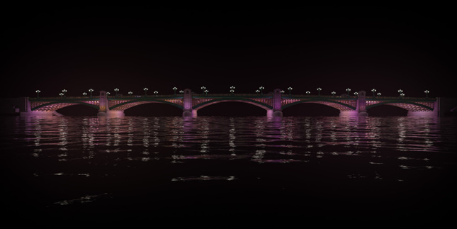 亮着灯的桥的侧视图。