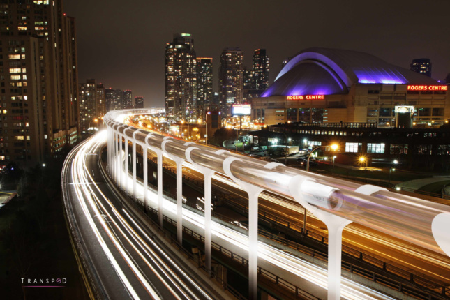 渲染多伦多在夜间的超级高铁轨道