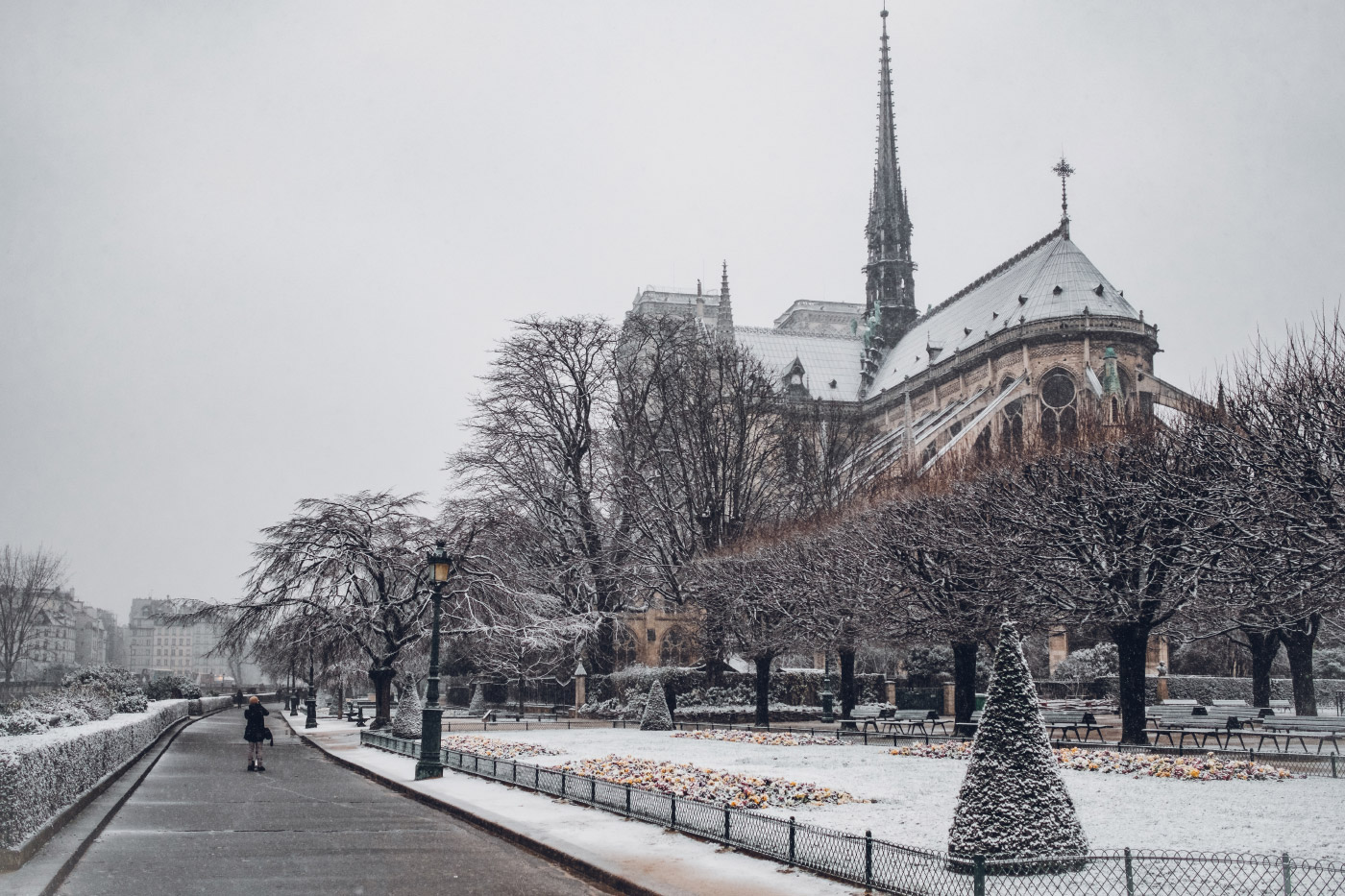 照片上的巴黎圣母院在雪与塔尖