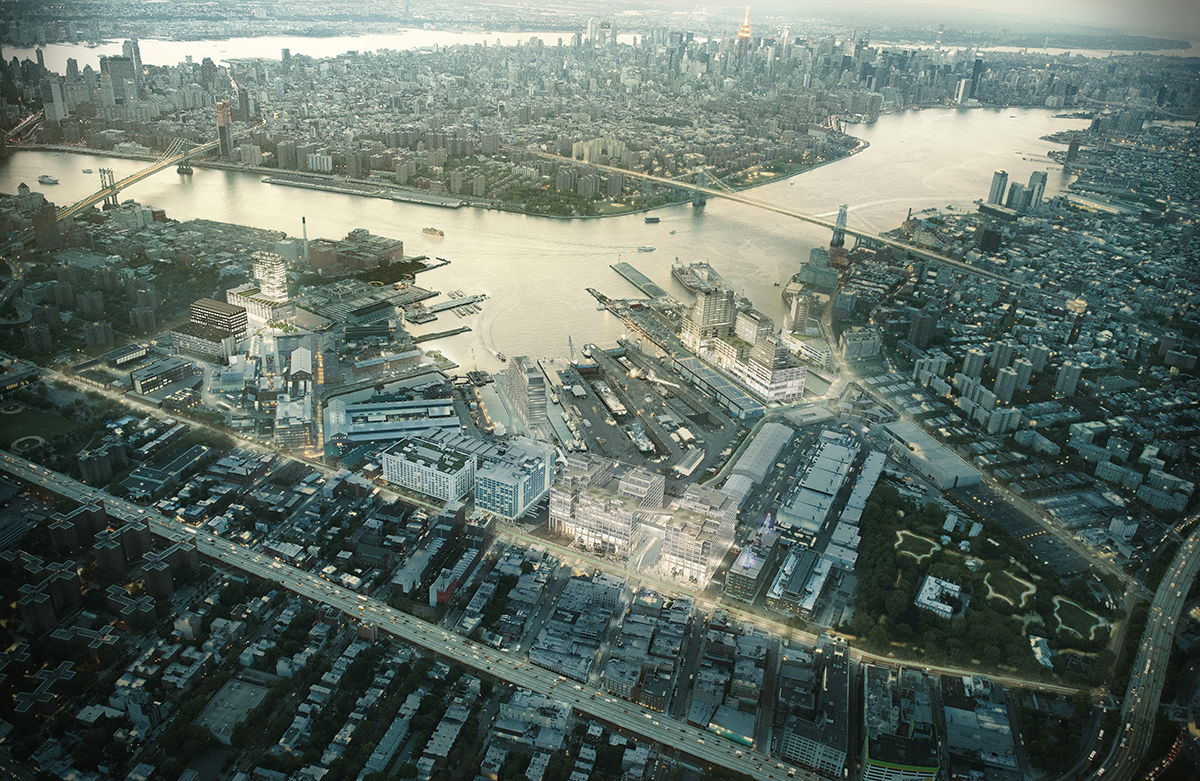 布鲁克林海军造船厂航拍图，展示了拟议中的制造和科技建筑