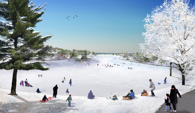 Rendering of people sledding on park hill