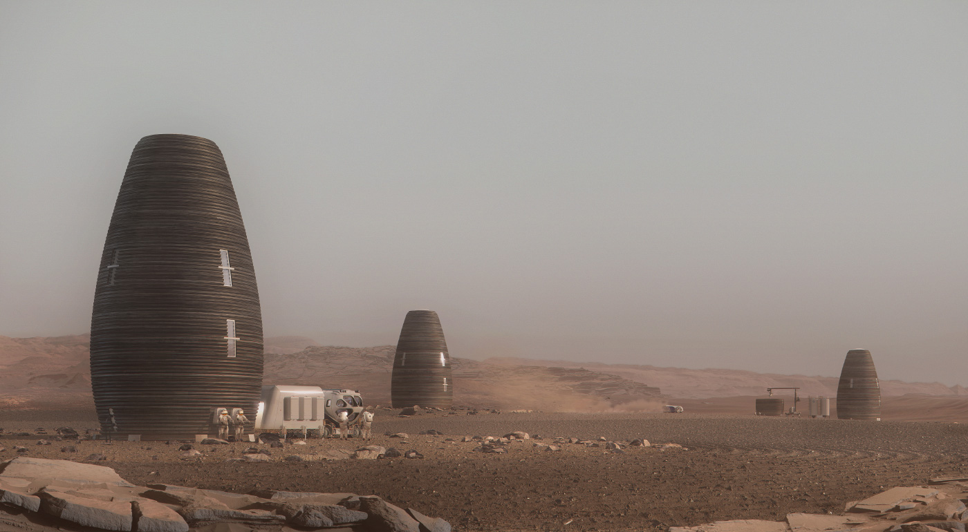 在贫瘠的火星表面上渲染卵形结构的殖民地