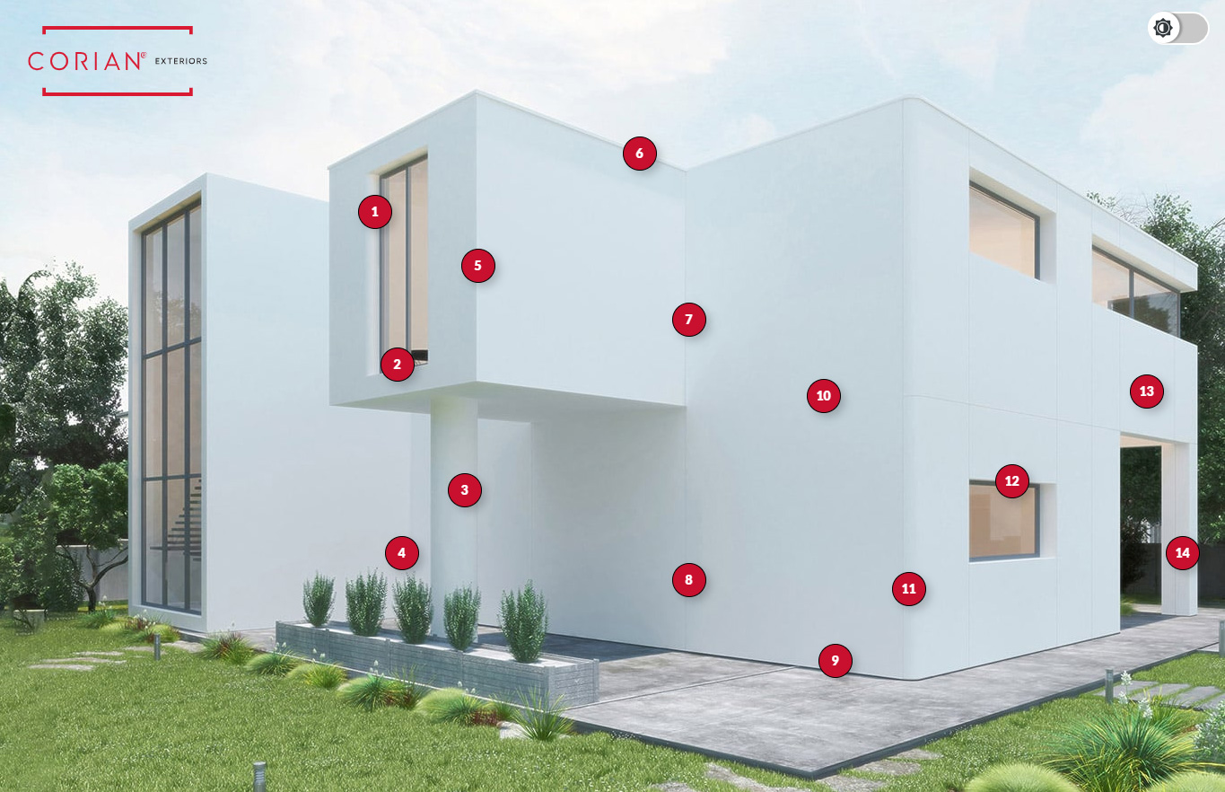 现代主义住宅的照片，红色编号点叠加在其表面