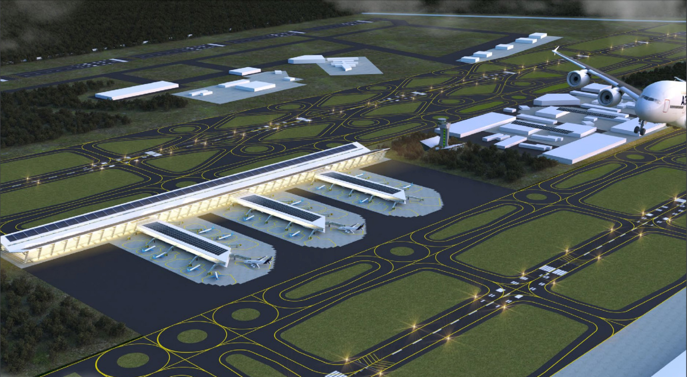有三个航站楼的机场的空中效果图