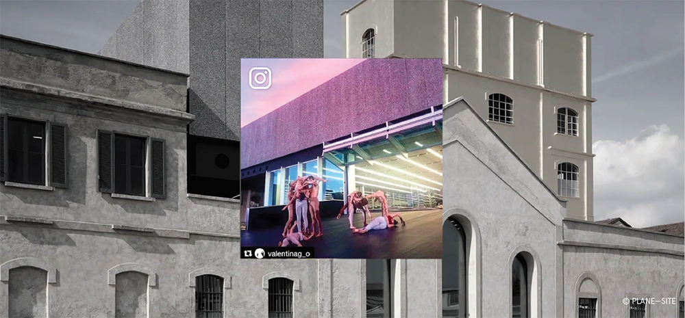 舞者的Instagram帖子叠加在灰色的立面上
