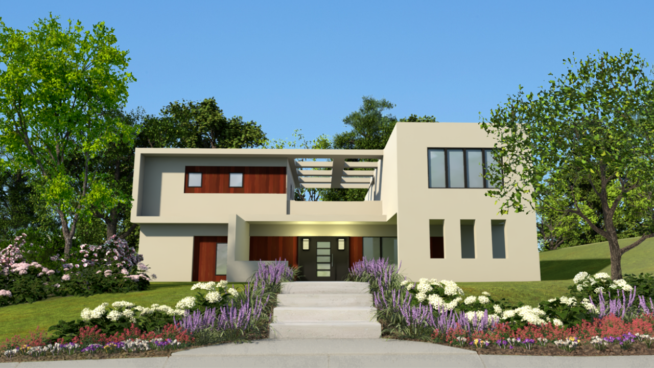 一个两层平顶住宅的3D渲染图。