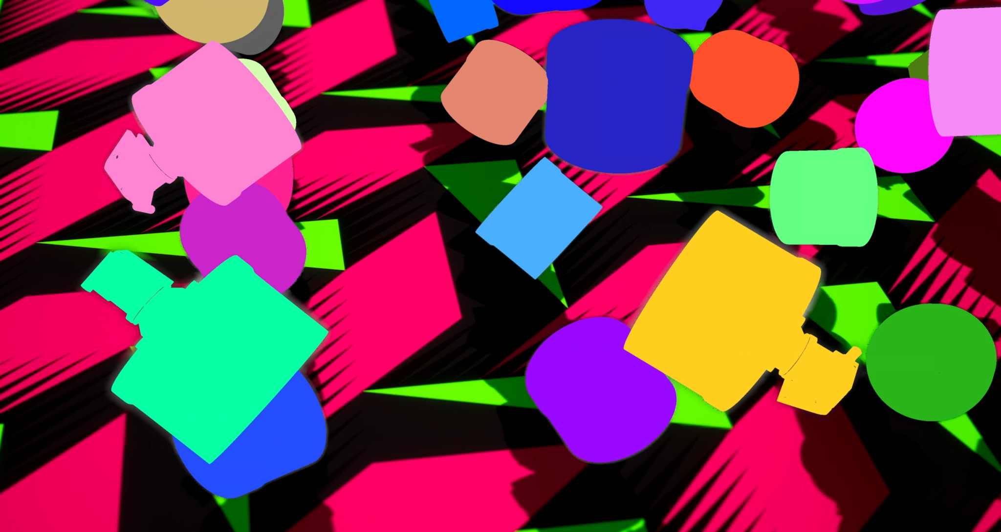 在2019年惠特尼双年展上，彩色背景下的催泪瓦斯罐组件的彩色轮廓