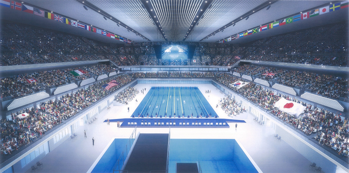 为2020年东京夏季奥运会准备的带有跳水池和游泳池的游泳馆内部效果图