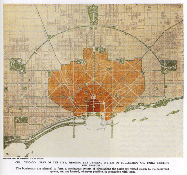伯纳姆的芝加哥规划描绘了几条主要路线在一个连接点汇合