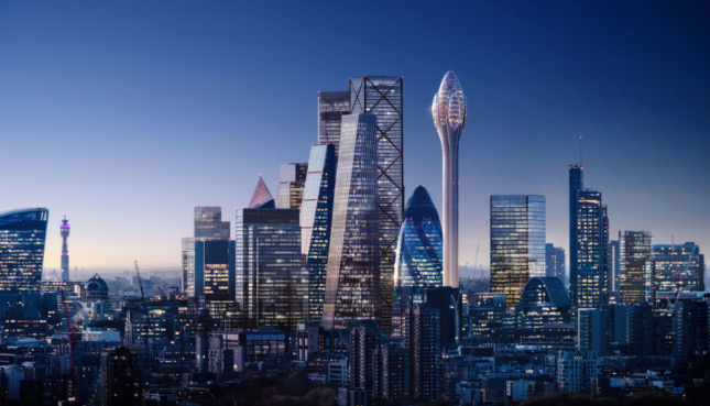 郁金香，一个杆状塔，旁边是几座标志性的伦敦建筑物