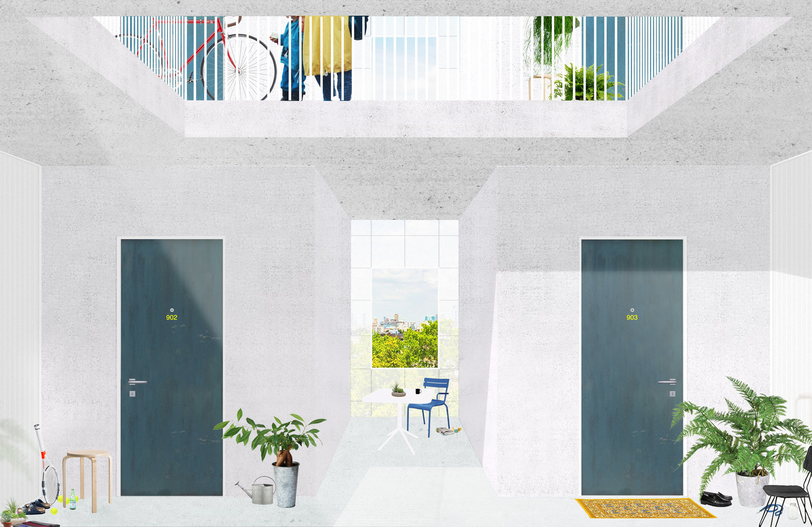 一个混凝土客厅的渲染图，有充足的光线，被提议位于NYCHA开发项目的顶部