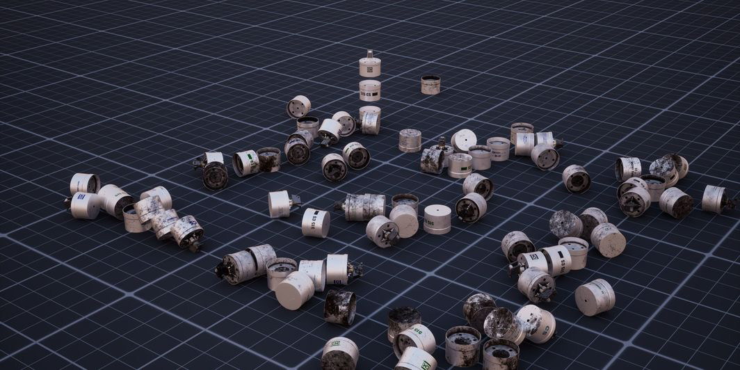 作为惠特尼双年展的一部分，手榴弹筒的3D渲染和散布在数字网格地板上