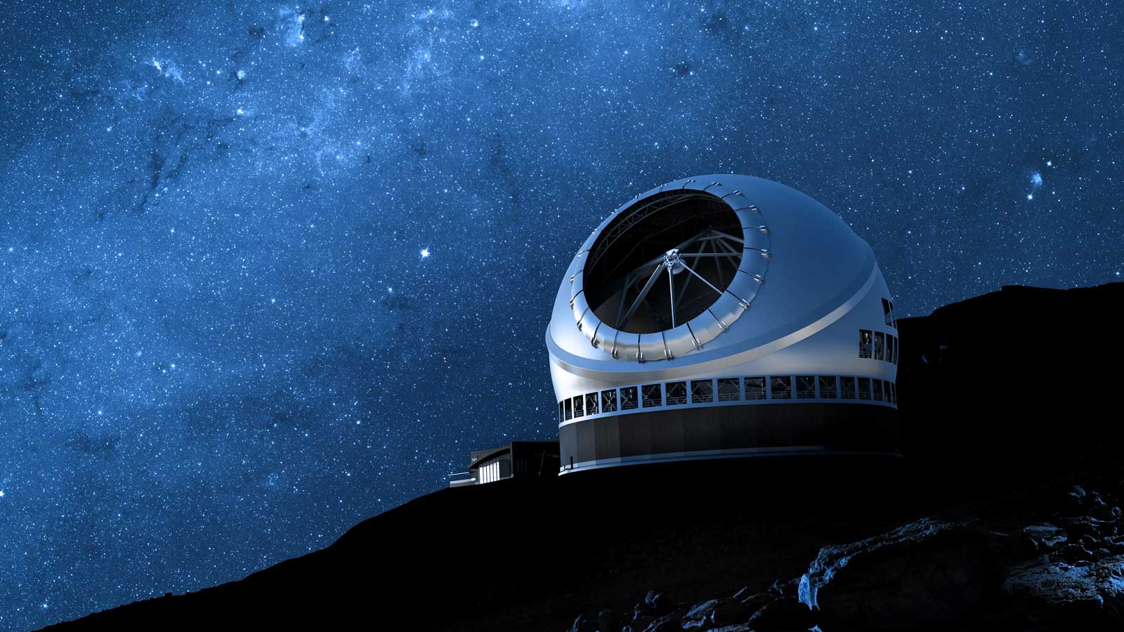 一个巨大的天文台在星空下的渲染;30米望远镜