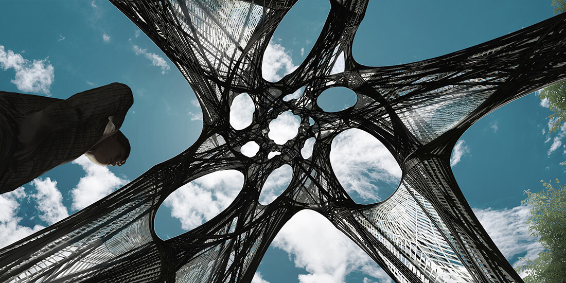 一个向上的相互锁，生物形态纤维结构呈现在哥伦布展览
