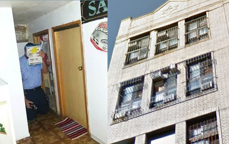 一名男子跪在地上的照片，旁边是8台空调从3扇窗户伸出来的照片。
