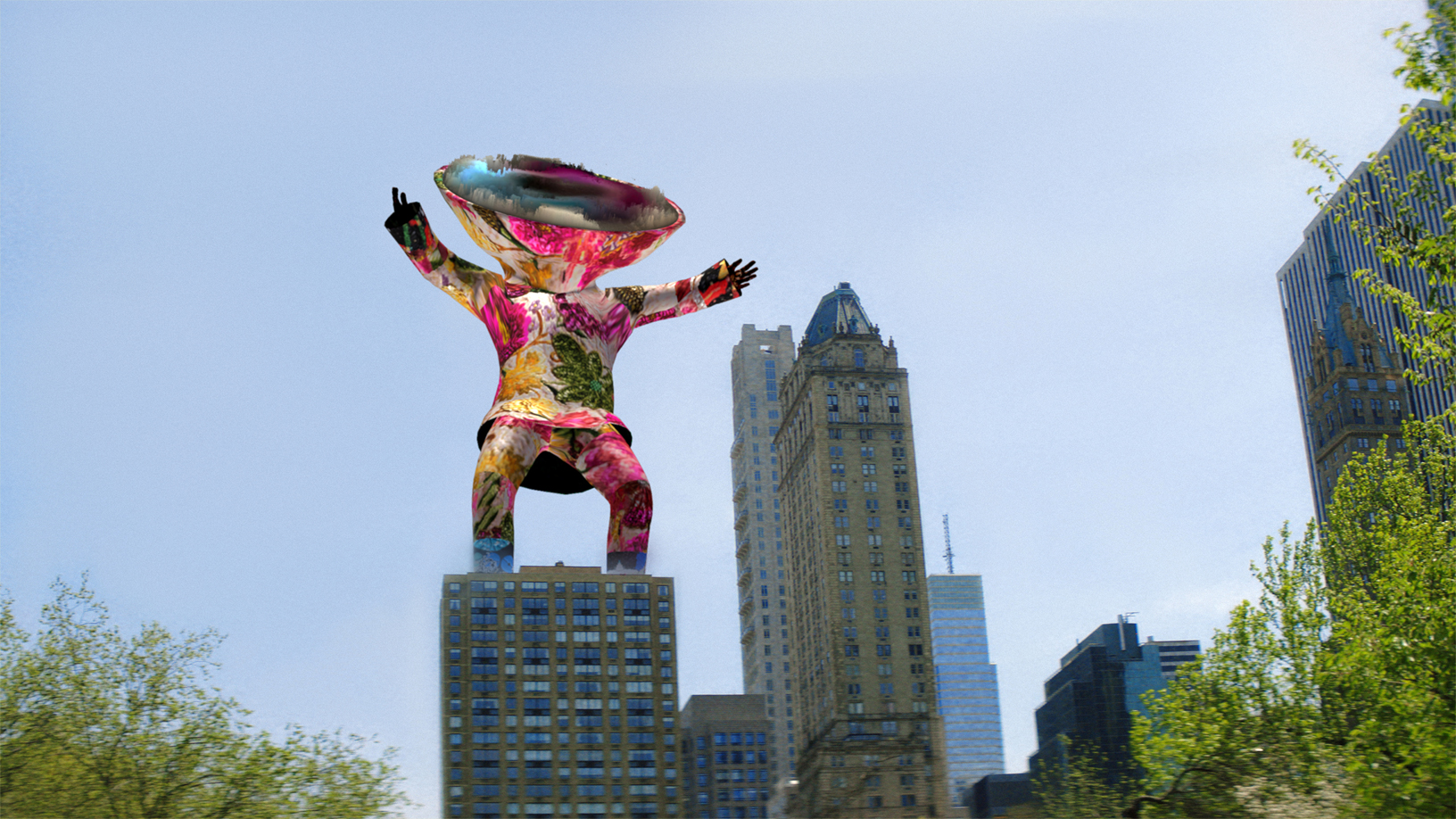一个身穿彩色西装、头戴大圆盘的3D人站在一座高楼顶上。