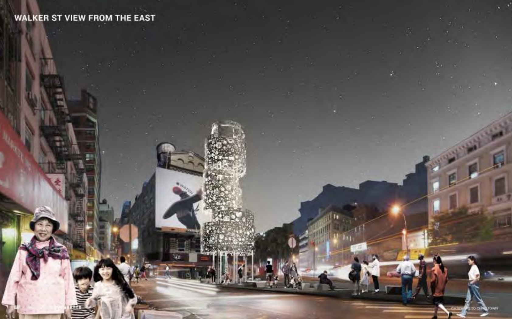 纽约唐人街十字路口的堆叠椭圆形雕塑