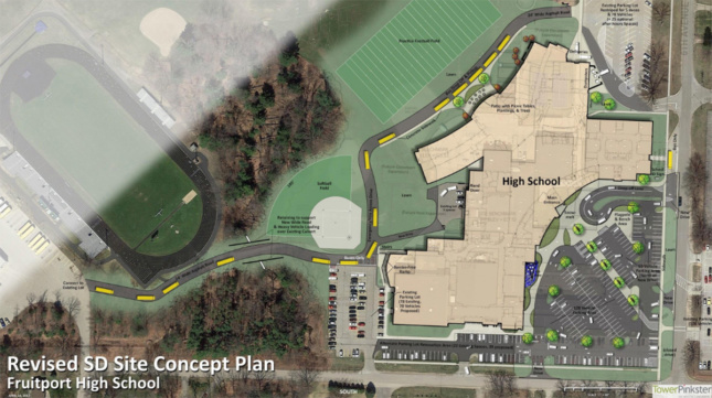 场地概念规划图像，包括高中、停车场和田野