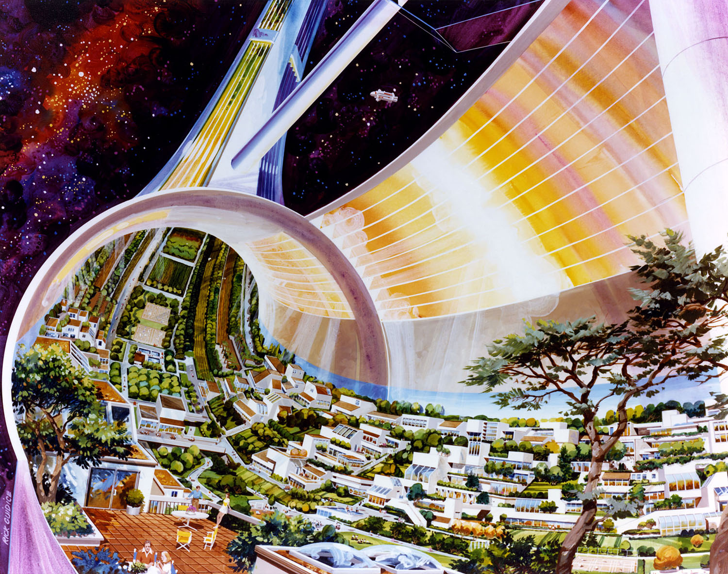 画一个圆环状的太空殖民地，这是“远出:外太空的套装、吊带和实验室”展览的一部分