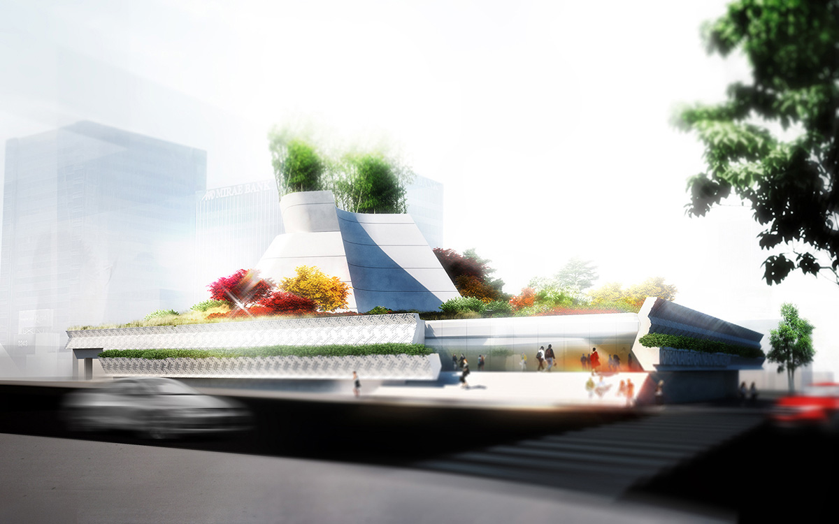 为新的韩美国家博物馆绘制的具有抽象顶部和植物的细长混凝土建筑
