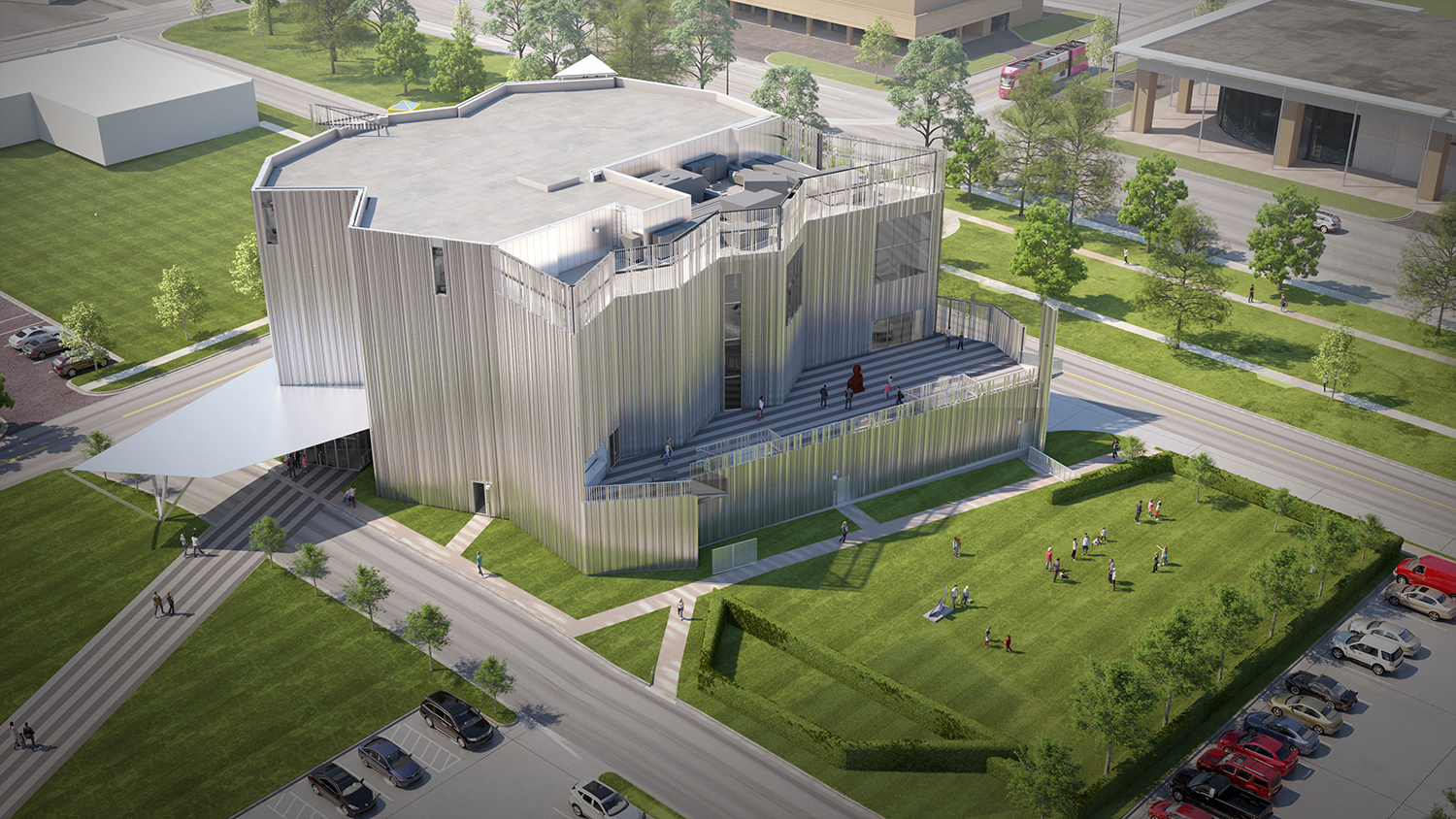 新的俄克拉何马当代艺术中心，一个覆盖着金属面板的崎岖建筑的渲染
