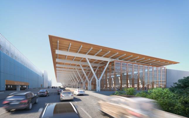 新堪萨斯城机场的平屋顶机场登记结构、降落车道和车库渲染图