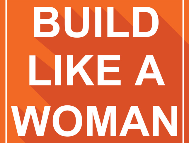 设计+实践交流会议的海报，上面写着“像女人一样建造”