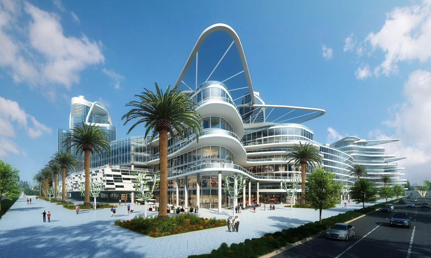 一组被棕榈树环绕的曲线玻璃和混凝土建筑的渲染;Bleutech公园