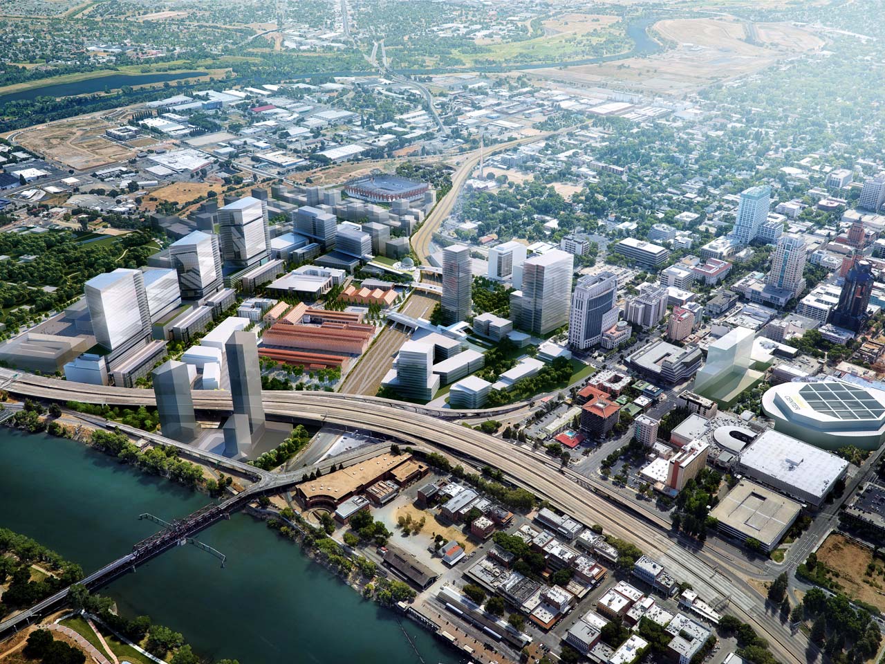 萨克拉门托河现有铁路站场上空市区发展的鸟瞰图