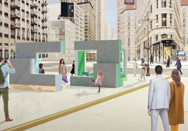 一个公共设计项目的效果图显示了人们与位于纽约市熨斗区的公共广场上的装置进行互动