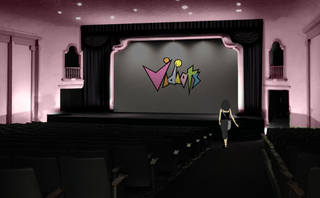 一个粉红色剧院里的视频屏幕，上面有视频